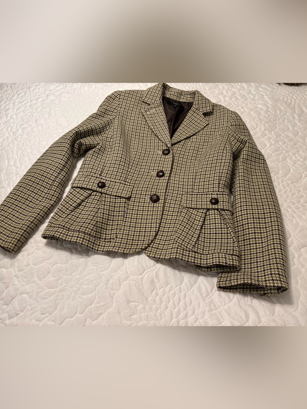Classic Houndstooth Peplum Wool Blend Jacket - Green/Brown